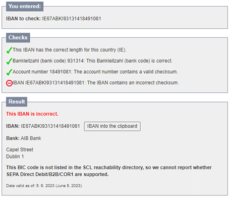 A screenshot of an IBAN checking tool showing that the IBAN is incorrect. 