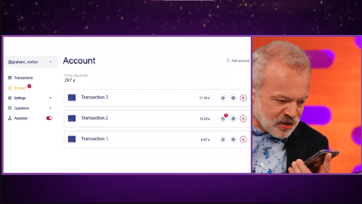 The article claims this is a screenshot of Graham admiring his transactions during the broadcast. This obviously never happened. In the screenshot one side is an account with three transactions. The other side is Graham Norton staring at a phone in disbelief. 