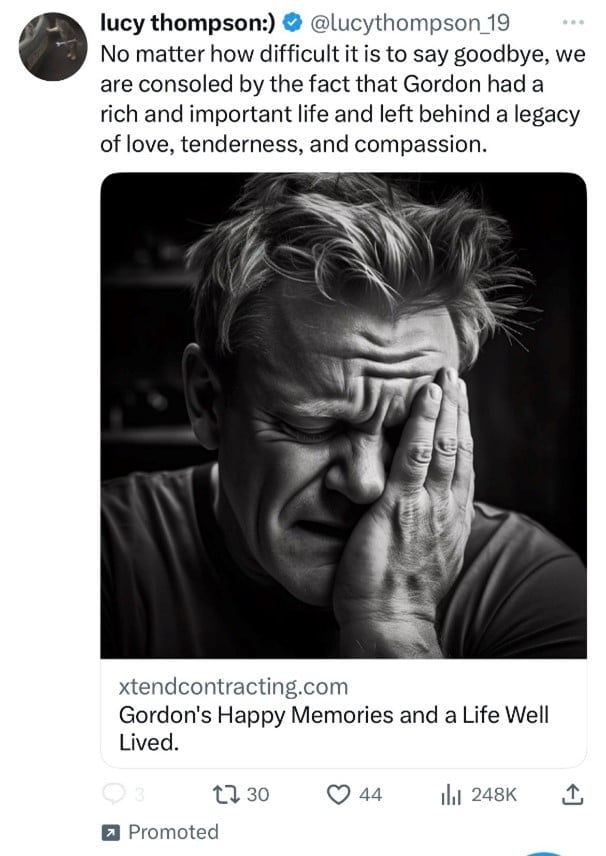 A tweet about the passing of Gordon Ramsey - the tweet is identical to the Gino D'Acampo one, only replacing the name and the photo for Gordon Ramsey. 