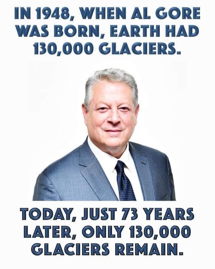 A photo of Al Gore overlayed with the text "in 1948, when Al Gore was born, Earth had 130,000 glaciers. Today, just 73 years later, only 130,000 glaciers remain."