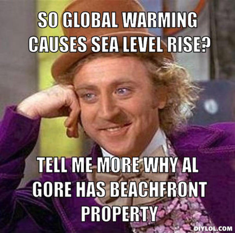 A still of Gene Wilder's Willy Wonka resting his head on his hand and smiling. The text reads "So global warming causes sea level rise? Tell me more why Al Gore has a beachfront property"
