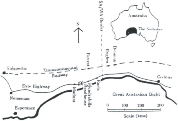 A black and white line drawing of a map of the Nullarbor region of southern Australia. Two Xs mark the location of incidents discussed in the article, close to Madura.
In the top right is a representation of the whole of Australia with the Nullarbor shaded in black in the lower left. Below this is a zoomed-in view showing the Transcontinental railway running east from Kalgoorlie and through Forrest, Hughes and Denman. Below this, the Eyre Highway runs east from Norseman (north of Esperance) through the coastal areas of Madura, Mundrabilla Roadhouse, Eucla and east through Ceduna. Marked by a thicker line is the Great Australian Bight (an ocean bay with high cliff coast) south of this. The scale shows 0-300kms and roughly down the centre is marked the SA/WA Border.