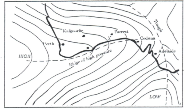 Figure 4, a weather chart for 6 am CCST 20/1/88. The surface weather is shown by isobar lines on the black and white map. A Ridge of high pressure is noted, from a High point in the west, and a Trough to the right, moving north from the Low in the lower right. The High pressure ridge follows the coastline past Forrest and to Ceduna.