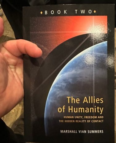 Cover of "Book Two - The Allies of Humanity. Human Unity, Freedom and the Hidden Reality of Contact by Marshall Vian Summers@, featuring planetary images and solar flare.
Source: Brian Eggo