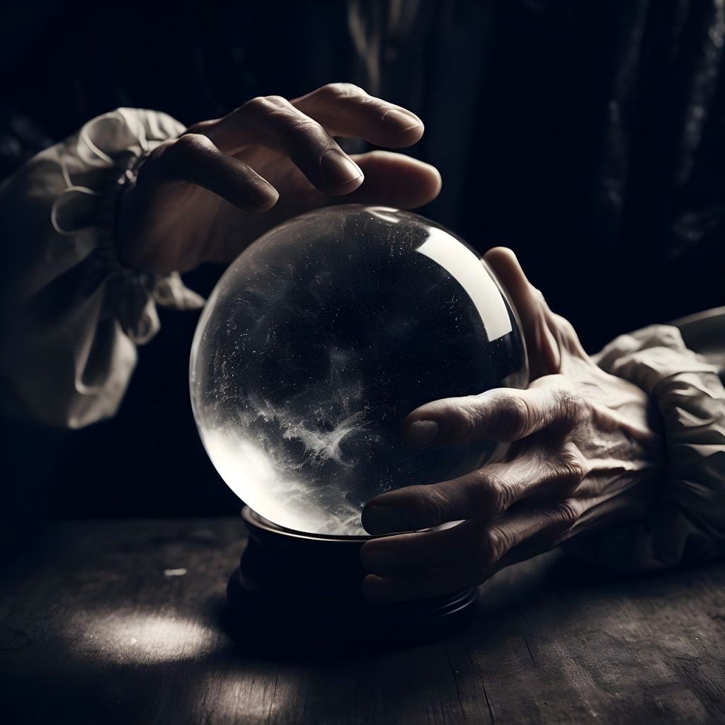An old person's hands holding and moving around a crystal ball. The person's sleeves have white, puffy elasticated wrists