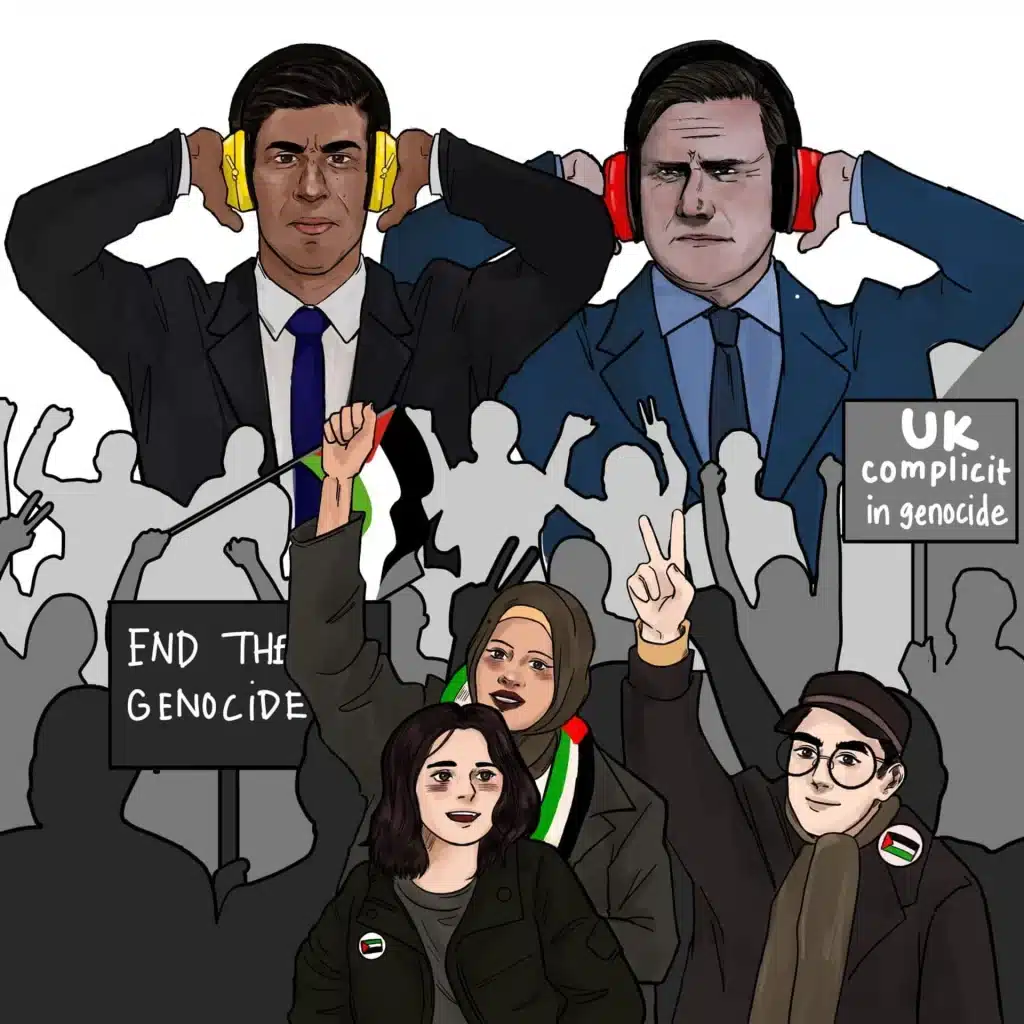 A cartoon from the notaxforgenocide.uk website showing British politicians Rishi Sunak and Keir Starmer holding their hands over their ear defender-covered ears to ignore the protests of people demanding an end to the Gaza genocide and highlighting that the UK is complicit in it with their signs. Some protesters are wearing Palestine flag scarves and badges.