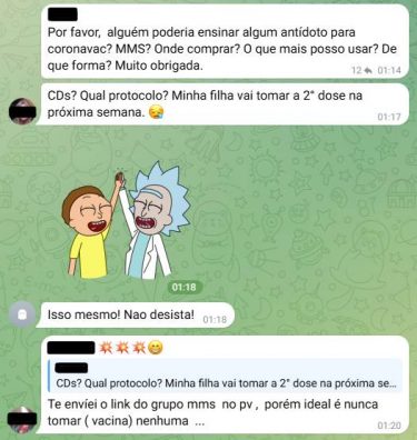 Screenshot of a Telegram channel conversation with another 'vaccine detox' negotiation, featuring a gif or image of Rick and Morty high-fiving