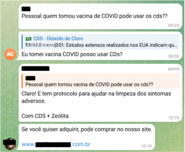 Screenshot of messages on a Telegram channel offering a 'vaccine detox' with a substance used as industrial bleach