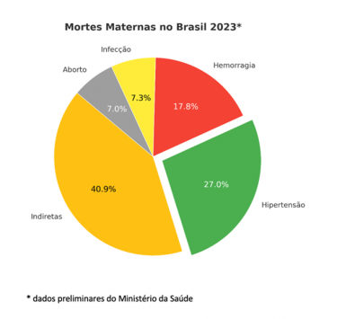 A pie chart showing 
causes of maternal mortality in Brazil in 2023, including infection, abortion, haemorrhage and indirect/unknown causes. Hypertension is the highest specific cause of death, accounting for 27% of cases (40.9% of deaths had an indirect cause)