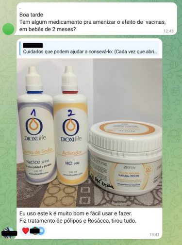 Screenshot of a Telegram channel. Chlorine-based products recommended on a conspiracy theory channel on Telegram have labels in Spanish, highlighting the transnational nature of some networks