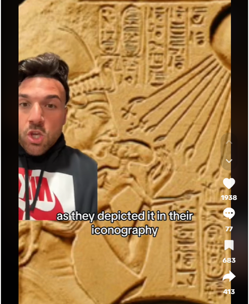Screenshot of the same TikToker speaking. The caption continues from before: "as they depicted it in their iconography"