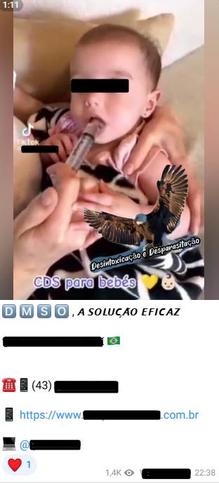 Screenshot of a Telegram community chat in which there's a photo of an adult cradles a baby in one arm as they administer chlorine dioxide (CDS) into the baby's mouth with their other hand, using a syringe. Texts below defend the practice and share instructions on how to obtain the substance.
