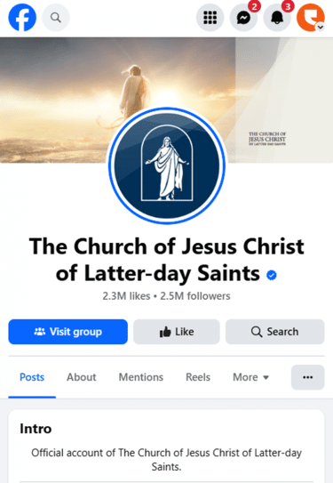 Screenshot of a Facebook group "The Church of Jesus Christ of Latter-day Saints" with 2.3M likes and 2.5M followers. The intro reads "Official account of The Church of Jesus Christ of Latter-day Saints."