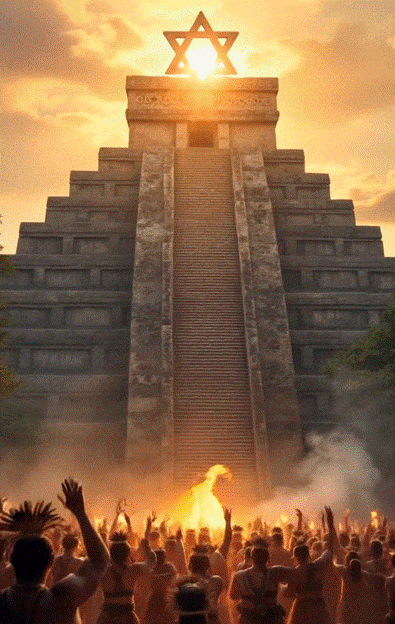 AI-generate image of Mayan citizens stereotypically celebrating and worshiping under a ziggurat, but with a Star of David on top. The sun sets behind the pyramid, and some 'people' wave burning torches.