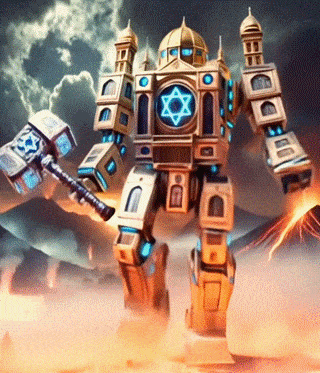 An AI-generated image of a huge robot with head and shoulders based on religious architecture, many stars of David glowing blue on it, and holding a large hammer. Described as "Jewhammer 40k"