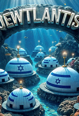 A generated image of white underwater domes that resemble R2D2 heads, but with the Israeli flag on their front and lights above, all below a large rock arch with huge letters spelling 'JEWTLANTIS' on it