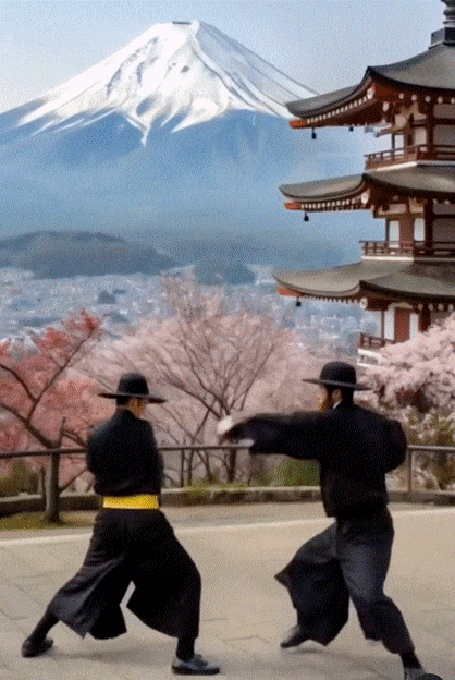 An AI-generated or adulterated image of Mount Fuji in the background, a Japanese-style multi-tier house, pink cherry blossoms, and two men in the foreground in a martial arts-posed freeze frame, but their black garb is presented as orthodox Jewish