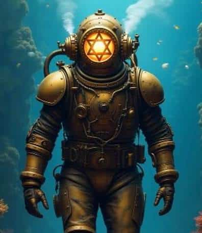 AI-generated image of a steampunk-esque diver in an old-style metal diving suit, walking underwater with a Star of David in black on their yellow faceplate.
