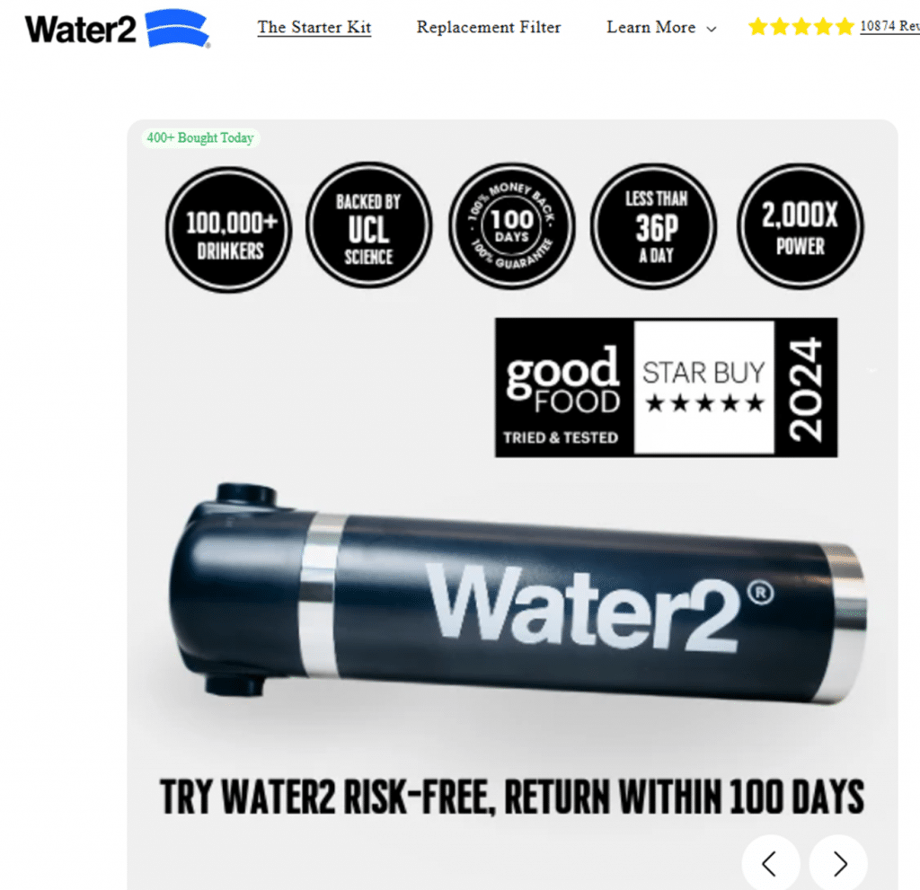 Screenshot from the Water2 website, showing many 'guarantees' and accolades, picturing the black Water2 canister and captioned "TRY WATER2 RISK-FREE, RETURN WITHIN 100 DAYS"