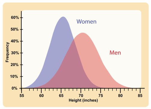 A graph with Frequency on the y-axis, going from 0% to 60%, and Height (inches) on the x-axis (going from 55 to 85). Two bell curves are shown; women in blue and men in red. They overlap significantly, with the women's curve starting at 55 and ending around 76 and the men's starting around 68 and ending around 83. The women's curve peaks higher at 60% frequency, with the men's peak at around 45%