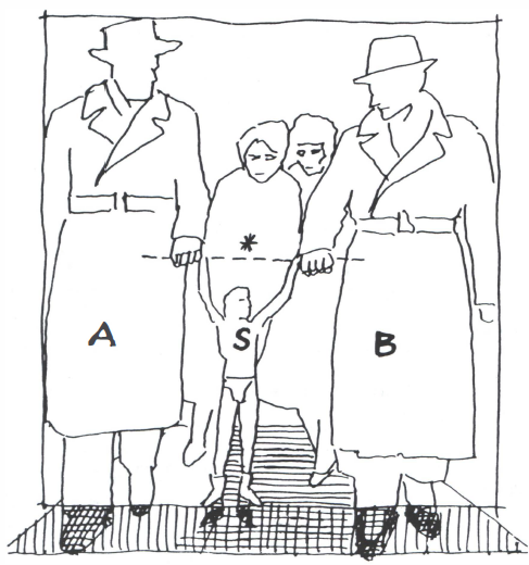 A line-drawing version of the 'silver man' alien photo, with the trench-coat men labelled A and B and the 'alien' labelled S