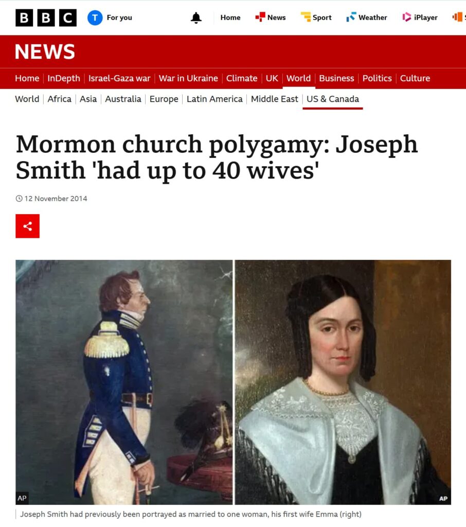 A screenshot of the BBC News website, the headline "Mormon church polygamy: Joseph Smith 'had up to 40 wives'"
And below, two paintings, of Smith and his first wife, Emma, a marriage previously claimed as his only.