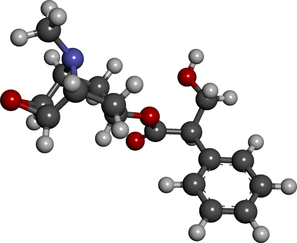 Ball-and-stick chemical structure of the drug scopolamine, which has a ring in the lower right