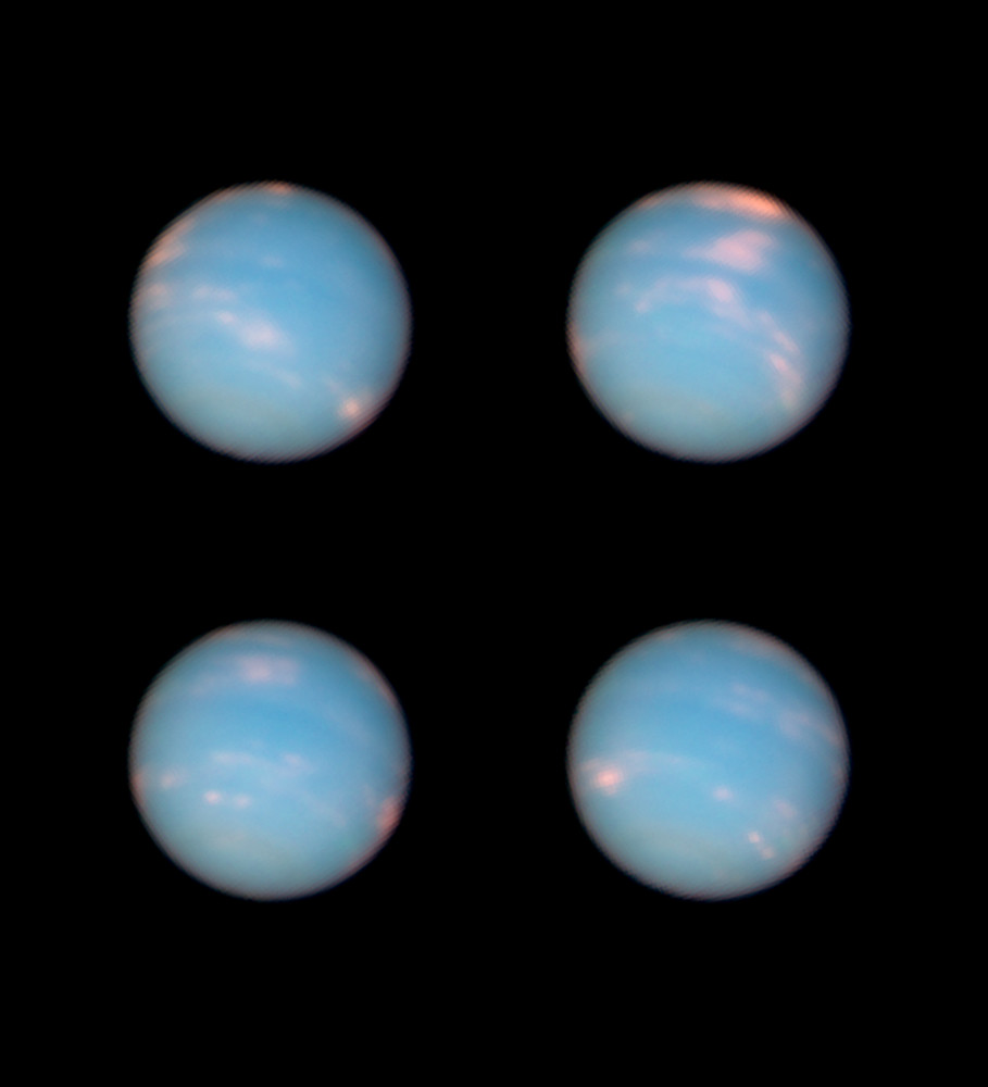 Four images of the planet Neptune against the blackness of space, from the Hubble space telescope.