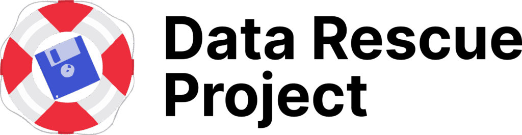 Logo for the Data Rescue Project, featuring the name in black text alongside a red and white life ring, with a blue 3.5in floppy disc in its centre