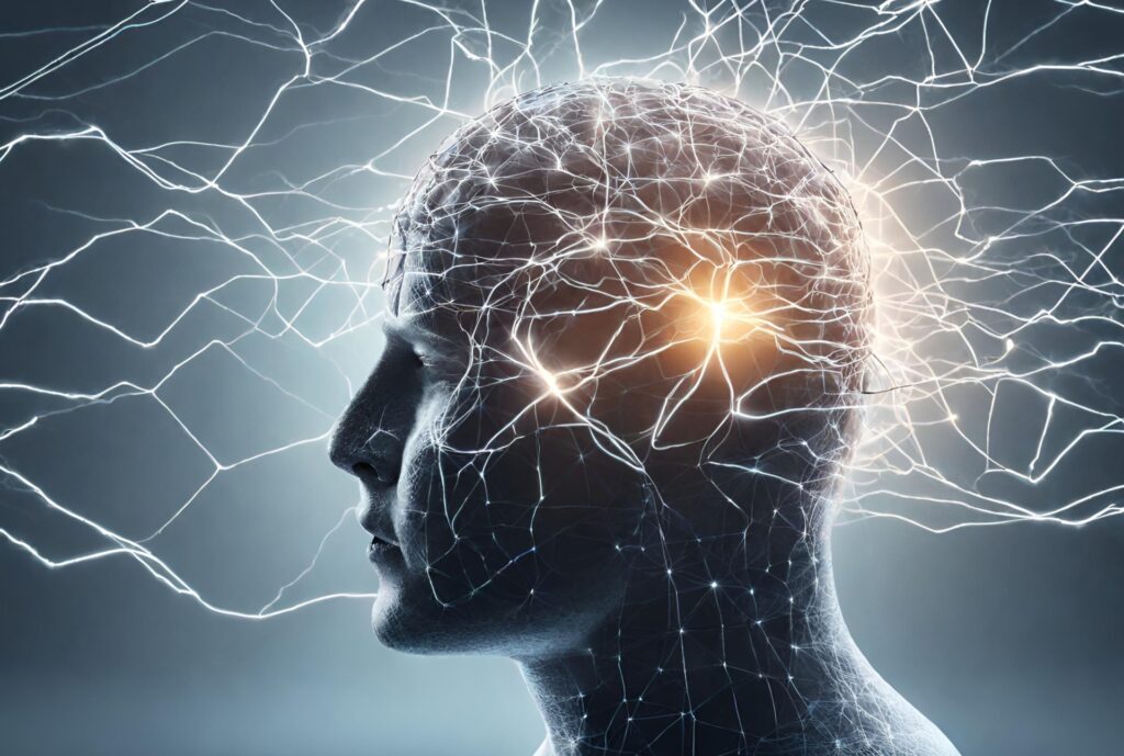 A digital illustration of a human head in side-on profile with lightning-like lines of connection within the head and flowing out around it, lighting up inside the brain area