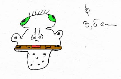A scribbled cartoon of what appears to be an ugly, spotty face with green eyes. '3,5 em' and a phi symbol are also scribbled alongside.