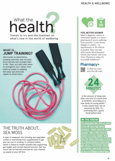 Tesco magazine's 'What the health?' feature. Subtitled 'Trends to try and the lowdown on what's new in the world of wellbeing'. The featured image is a coiled up pink skipping rope with black handles, captioned 'What is... jump training?' with a short description of 'plyometrics'. It has sections called 'The truth about... sea moss', 'feel better sooner', '24 minutes' and 'in the know'
