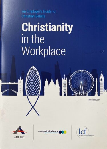 'An Employer's Guide to Christian Beliefs - Christianity in the workplace' booklet, version 2.0. The booklet is styled in blue and white, with a London skyline and the gherkin (30 St. Mary Axe) extended into the Christian fish/ichthys symbol.