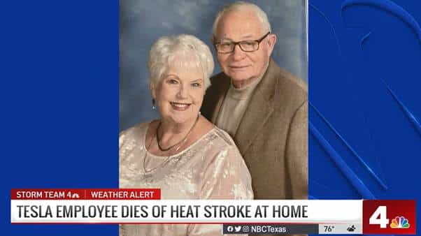 What appears to be a screenshot from television news. A portrait photograph of an elderly couple has been overlaid by the headline "Tesla employee dies of heat stroke at home"
