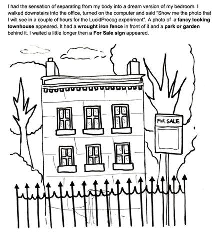 A simple illustration of a two storey house with a flat roof and spiked railings in the foreground. A chimney rises from the roof at the left hand and right hand edge of the roof. Trees stand to either side of the house. There is a "for sale" sign in the front.  The embedded text reads: I had the sensation of separating from my body into a dream version of my bedroom. I walked downstairs into the office, turned on the computer and said "Show me the photo that I will see in a couple of hours for the LucidPrecog experiment". A photo of a fancy looking townhouse appeared. It had a wrought iron fence in front of it and a park or garden behind it. I waited a little longer then a For Sale sign appeared.