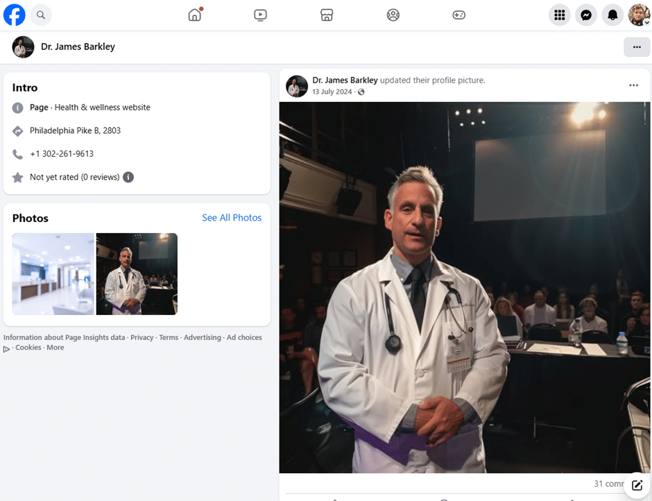 Screenshot of a Facebook page for 'Dr. James Barkley' showing a public image from 13 July 2024 in which a white man with grey hair, wearing a white labcoat and stethoscope over his grey shirt and tie, stands in front of what appears to be a lecture hall of students (who have misshapen faces), which is AI generated. His left hand clasps his right and it is very large compared to his head and has only three fingers.