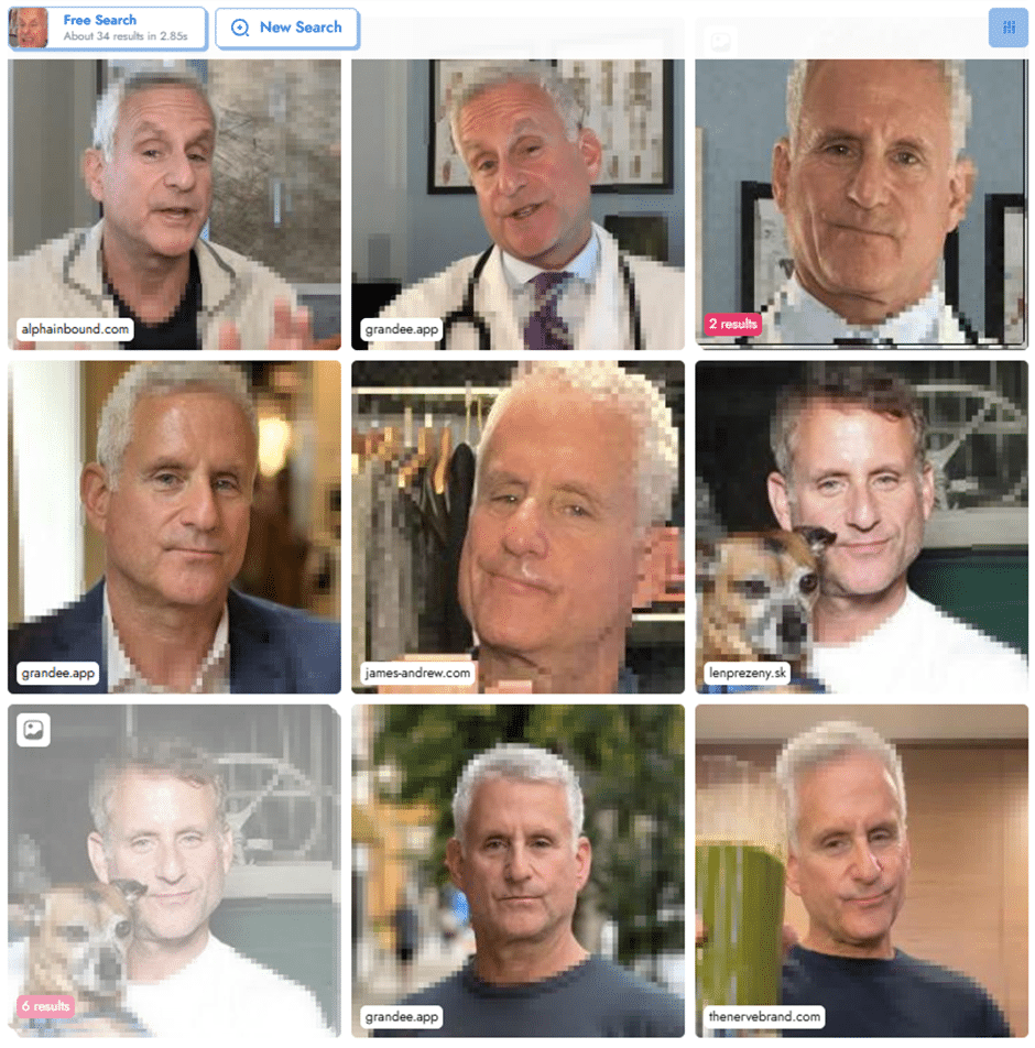 Nine images of a man returned by the website Pimeyes, all apparently Dr James Barkley, from a range of websites like alphainbound.com, grandee.app, james-andrew.com, lenprezeny.sk and thenervebrand.com