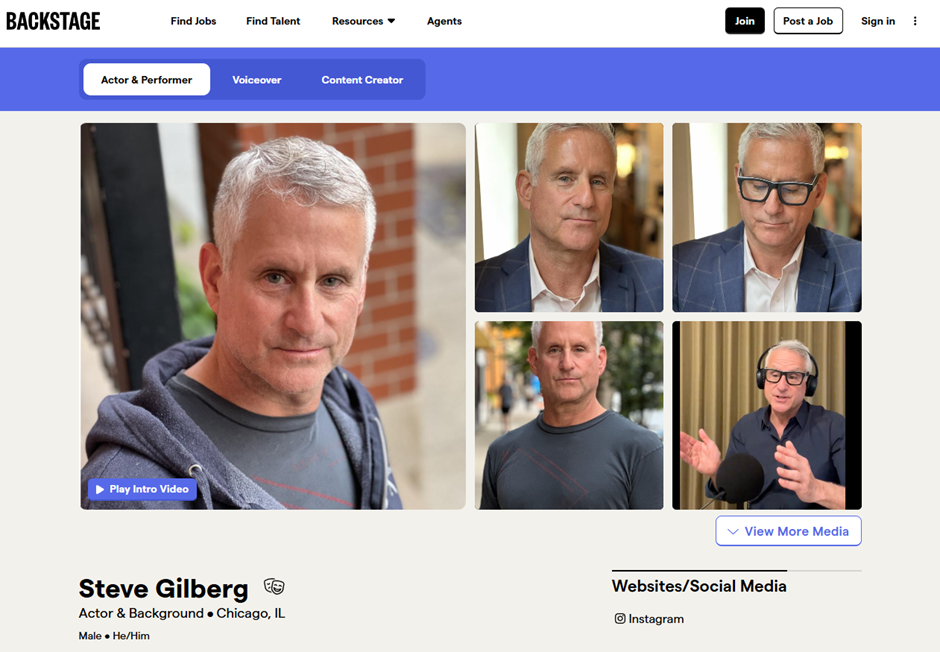 A screenshot from the Backstage website showing five portfolio images of a white-haired white man called Steve Gilberg (or Dr James Barkley from elsewhere), an actor based in Chicago, Illinois