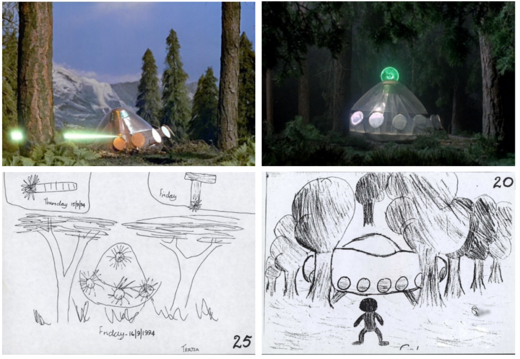 A collage of four pictures, in a 2 by 2 grid.
The top row contains two colour screenshots from a television program.
The top left picture depicts a  daylight woodland scene with trees in the foreground and mountains beyond. In the middle of the frame a roughly conical polished metal spacecraft sits on the ground between the trees. The base of the cone is ringed with circular portholes or lights.
The top right picture is very similar, but at night and the woodland seems denser.
The bottom row contains a pair simple of black and white drawings.
The bottom left drawing depicts a conical object with circular features apparently radiating light, sat on the ground between a pair of trees.
The bottom right drawing depicts a classic oval UFO with, landing legs deployed, on the ground among many trees. A bubble canopy protrudes from the top of the oval, and the body is ringed with circular openings or portholes or lights. A human figure stands in the foreground, as if looking at the UFO.