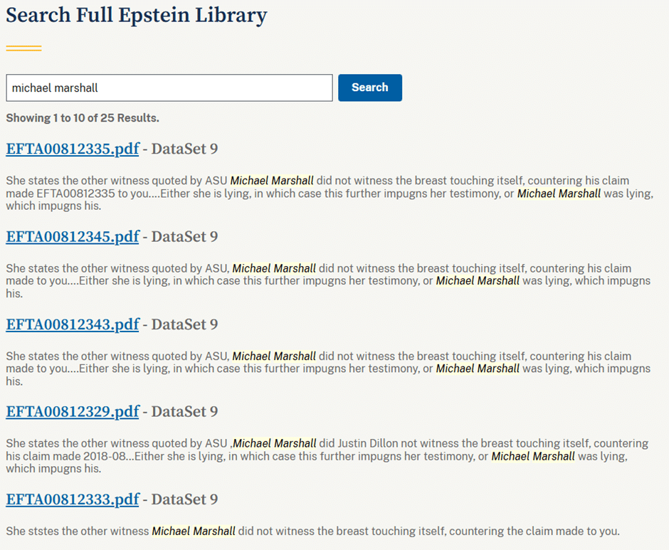 Screenshot of an Epstein Library search query for 'michael marshall' showing the first five of 25 results, relating to witness accounts of Lawrence Krauss' sexual assault of a woman.