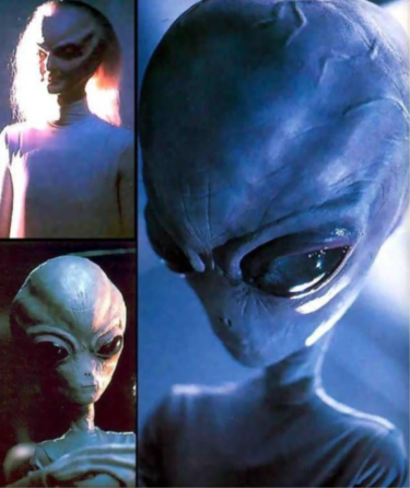 A collage of three still images from a television drama. All three show some kind of alien creature.
Two each depict a classic grey alien, with large bald bulbous head, very diminished nose and mouth which are barely visible, and large black almond shaped eyes.
The third depicts a more human-looking creature, with hair on the head and noticeable nose and mouth, but an oversized bulbous forehead and a very prominent eyebrow ridge which is casting shadow over the eyes.