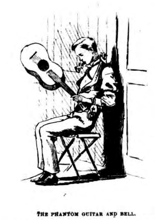 An illustration showing a man sat on a chair, with his feet and neck tied in place, and both wrists tied together behind his back. Despite this, he has managed to move his left hand to forward to just about reach his lap. In his left hand he is holding a guitar by the neck. He his holding a small hand-bell in his teeth.
The drawing is captioned "The phantom guitar and bell"