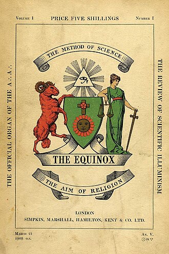 A photograph of a magazine cover, dated March 1909.
The title is is "The Equinox", volume 1 issue 1 and it carries the subtitle "The method of science - the aim of religion".
The cover is illustrated with a heraldic device.
In the centre is a shield, on which a cross sits atop a sun. To the left of the shield, a ram stands on his hind legs, facing right, with front feet placed atop the shield. To the right of the shield stands a woman wearing a Greek or Roman toga style dress. She is facing to the right, with her right elbow resting atop the shield. In her left hand she holds a sword, and in her right hand she carries a scales or balance.