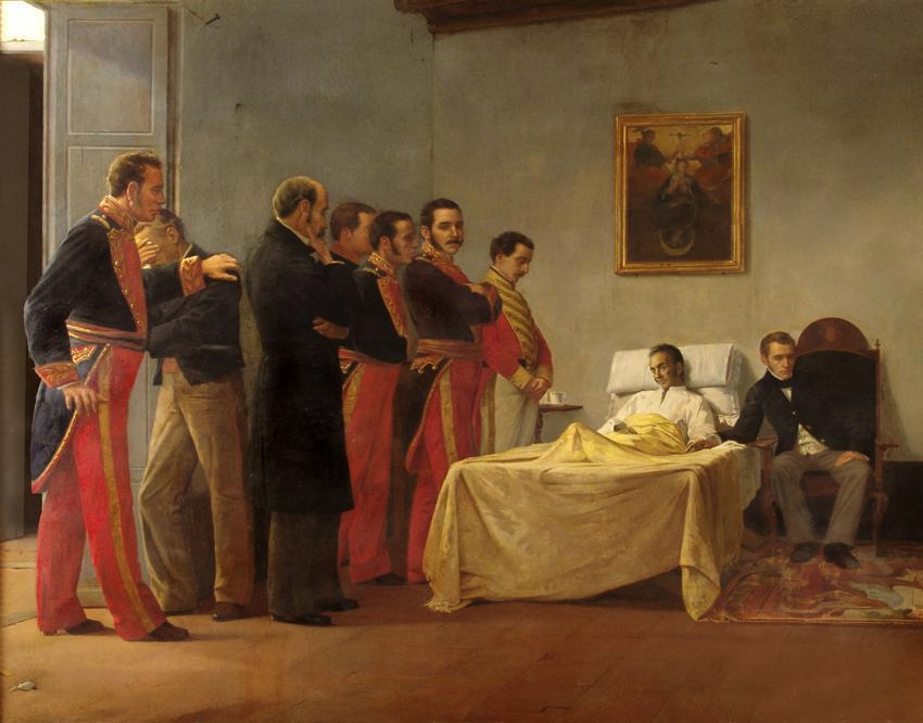 An oil painting depicting a man lying ill or dead in bed attended by possibly a doctor, and a group of visitors.
A man is reclined in a bed, his eyes closed. A man wearing a suit is seated to the bed's left, holding one of the man's hands or wrist as if taking a pulse.
To the bed's right stand a group of seven men wearing suits or military uniforms. One of these men has covered his face with his hand as if in grief, and another has placed a comforting hand on this man's shoulder.