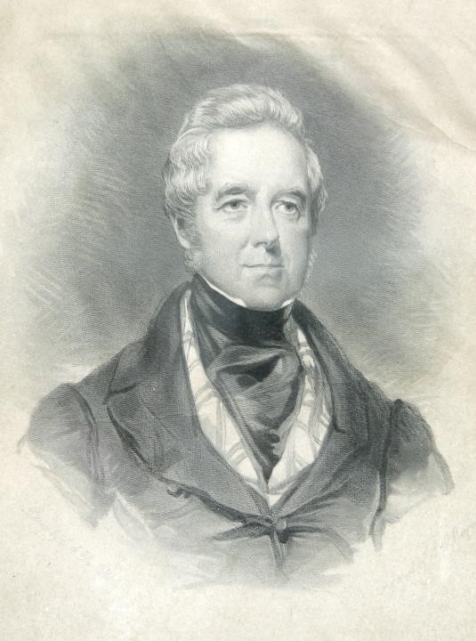 A black and white illustration of a man with short blond hair and wearing a neatly tailored coat with a cravat.