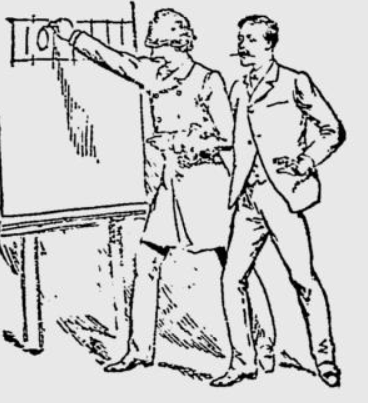 An illustration showing two men standing next to a blackboard. One man is blindfolded, and seems to be writing a number 10 on the blackboard with a piece of chalk The other man, not blindfolded, has his arm interlinked with the blindfolded man's free arm.