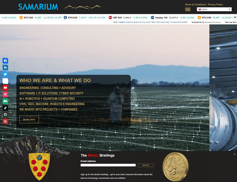 Screenshot of the Samarium group website showing various stock updates in a top bar, flagging that 'COMMON SHARES NOW FOR THE FIRST TIME EVER AVAILABLE TO INVESTORS !!! !!!' [sic] and 'To Invest Go To my.samarium.group. The main page has a window 'WHO WE ARE & WHAT WE DO' that lists in all caps: 'Engineering: consulting + advisory; Software + IT solutions, cyber security; AI + Robotics + Quantum computing; Civil, Geo, Machine, Robotics engineering; We invest into projects + companies". In the footer there's a shield crest, 'The Medici Briefings' email sign-up space and a representation of a gold coin showing a royal-looking man.