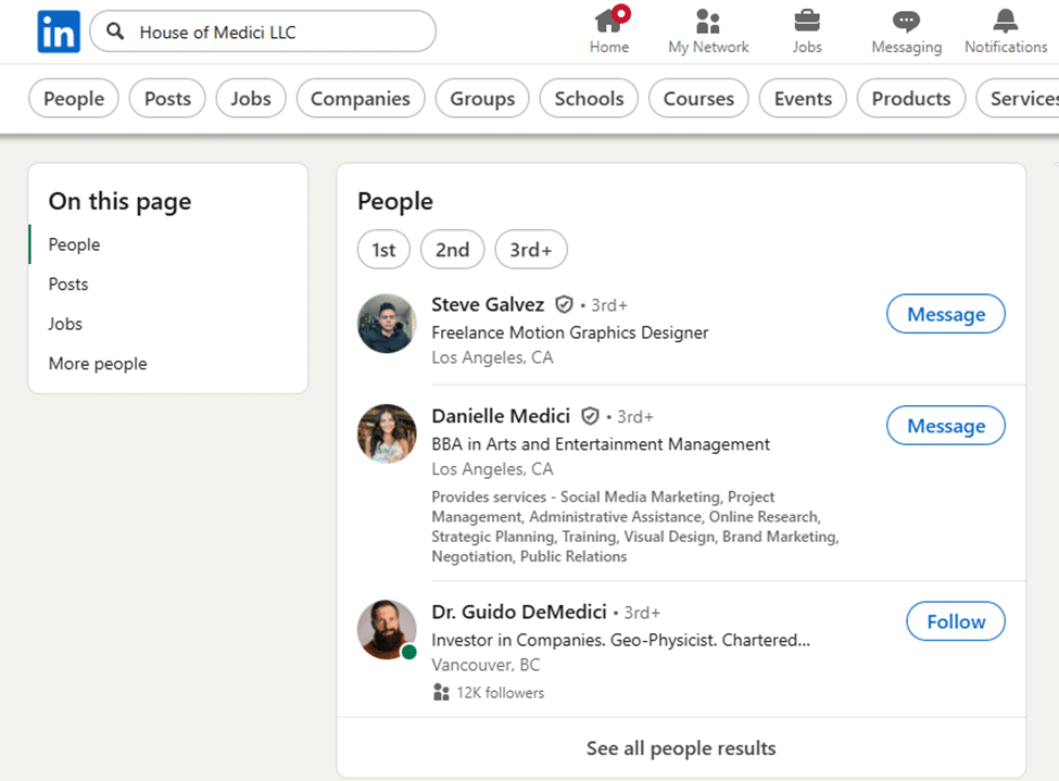 Screenshot of LinkedIn results for 'House of Medici LLC' showing three People: Steve Galvez, a Freelance Motion Graphics Designer in LA, Danielle Medici (BBA in Arts and Entertainment Management) also in LA, and Dr. Guido DeMedici, based in Vancouver with 12K followers.