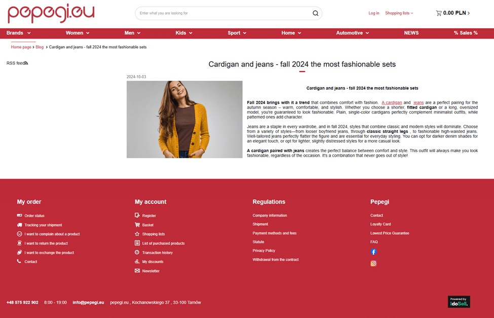 Screenshot of a Polish retail website, Pepegi.eu, showing a woman in a yellow cardigan top over a brown top - as in Jennifer Demedici's profile image above.