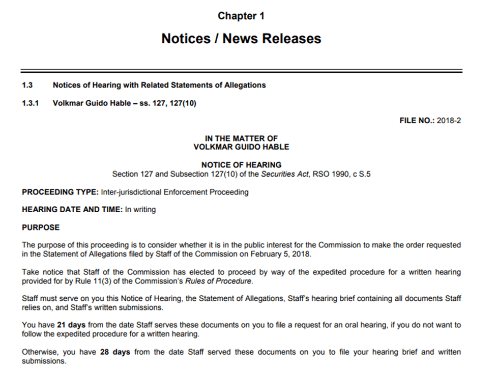 An Onatio Securities Commission Bulletin giving notice of a hearing 'in the matter of Volkmar Guido Hable'